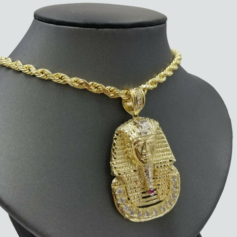 SOLID 10k Gold Pharaoh Head Pendant Charm Egyptian 6mm Rope Chain 20" 22" 24" 26