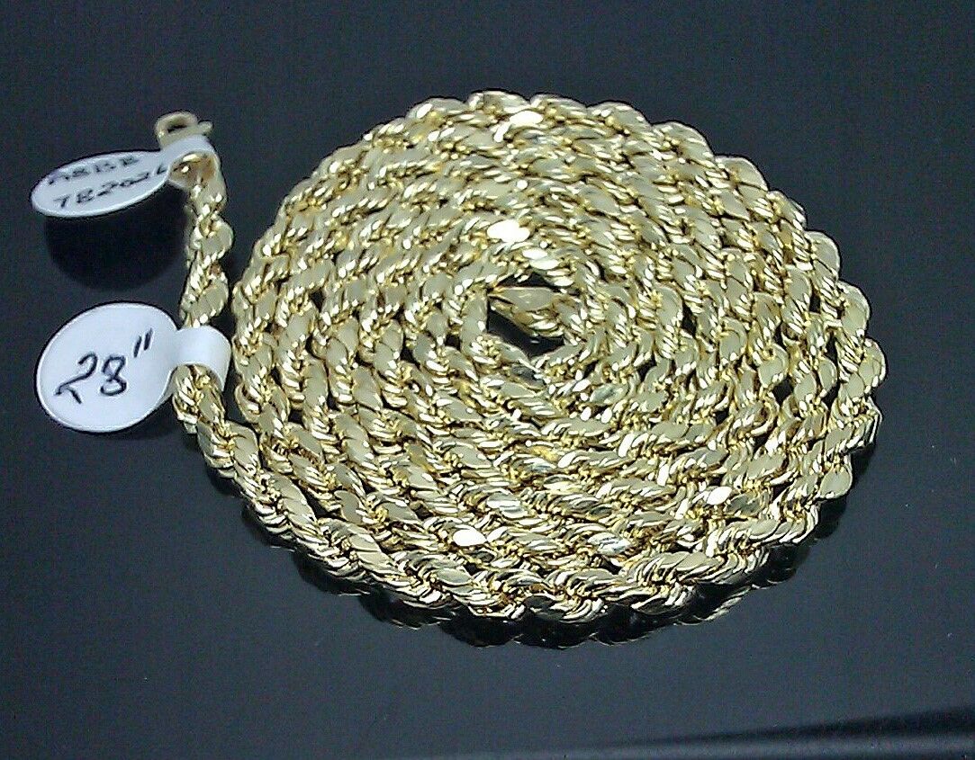 10k Yellow Gold Rope Chain Diamond Cuts 4mm 28 Inch Necklace Real 10KT Gold mens