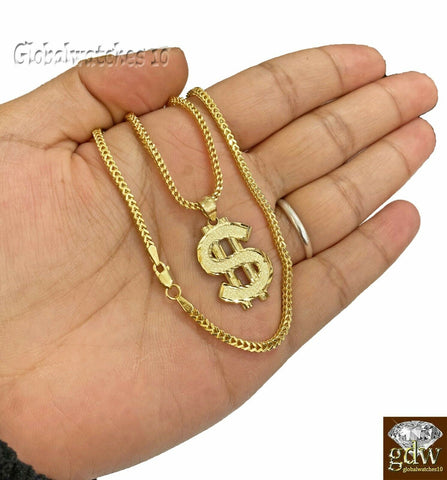 10k Gold Charm Pendant Dollar/Money Sign with Franco Chain in 20 22 24 26 Inch