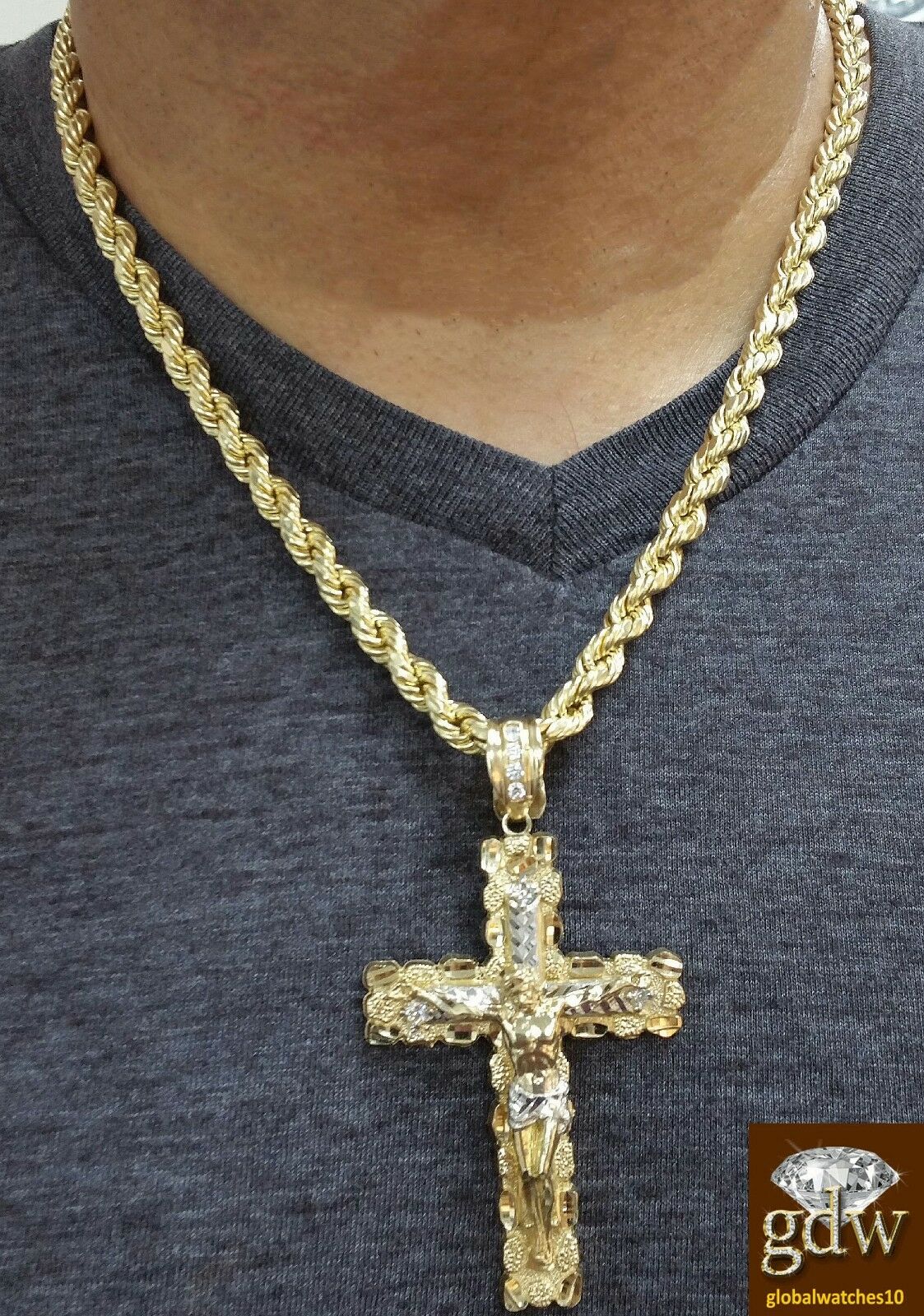 10k Real Yellow Gold Jesus Nugget Cross Charm/Pendant with 26 Inches Rope Chain.