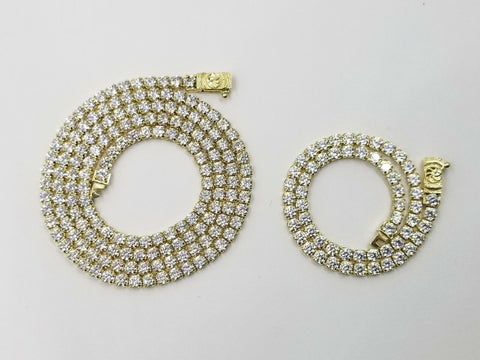 10K Yellow Gold 3mm Tennis Chain Necklace 2 piece 22" 2 Bracelet 1-7" 1-8"