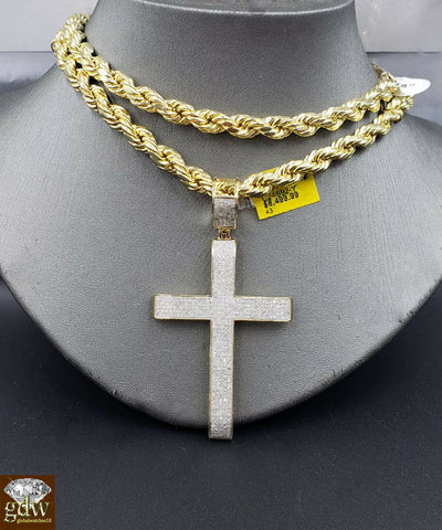 Real 10k Gold Rope Chain Necklace 22" 6mm & Genuine 1.52CT Diamond Cross pendant