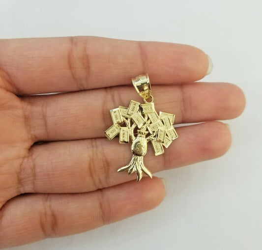 10K Yellow Gold Money Tree Pendant Diamond Cut, 10KT Real Gold $100 sign bag