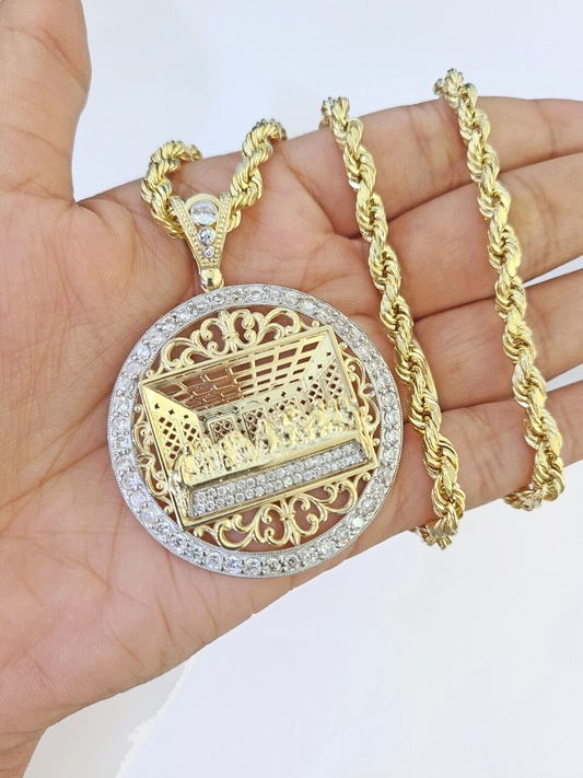 10k Gold Rope Chain Last Supper Charm Pendent SET 5mm 24 Inches