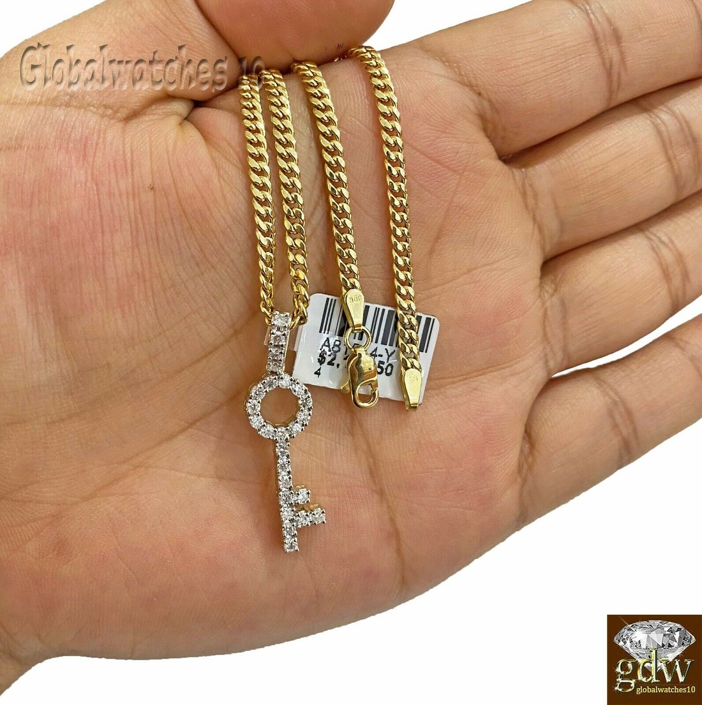 10k Gold Key Charm Pendant with Miami Cuban Chain in 20 22 24 26 inch,Real Gold