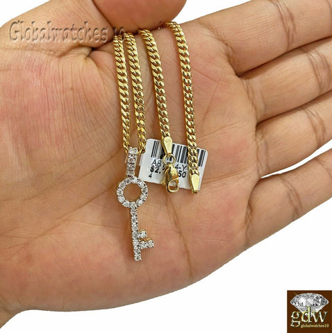 10k Gold Key Charm Pendant with Miami Cuban Chain in 20 22 24 26 inch,Real Gold