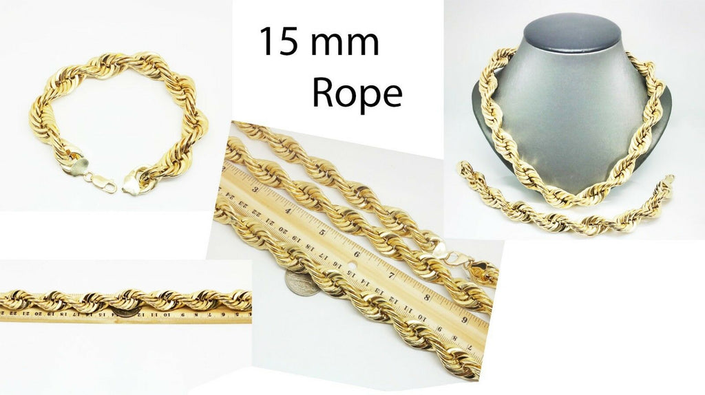 Real 10k Yellow Gold 15mm Rope 24 Inch chain necklace &10 Inch Bracelet  Men's N