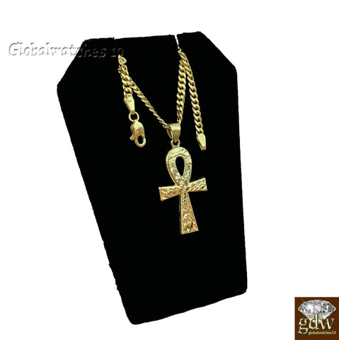 Real 10k Gold Ankh Cross Charm Pendant with Miami Cuban Chain 22" 24" 26" 28" In