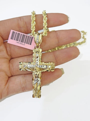 14k Yellow Gold Rope Chain & Jesus Nugget Cross Charm SET 5mm 16 Inches Necklace