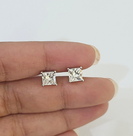 14k White gold Square Earrings Diamond screw-back Lab Created Women Men Studs