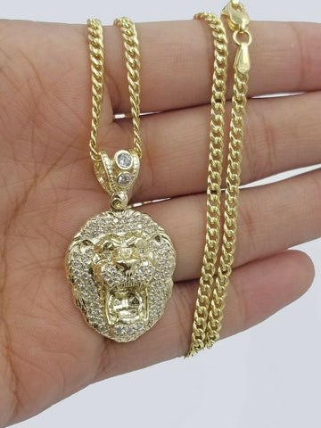 10k Gold Charm Lion Head Pendant with Miami Cuban in 20 22 24 26 Inch Real Gold