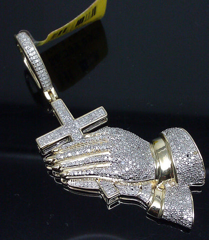 10K Yellow Gold Praying Hand & Cross With 1.13CT Diamond Charm 2.5" Pendent