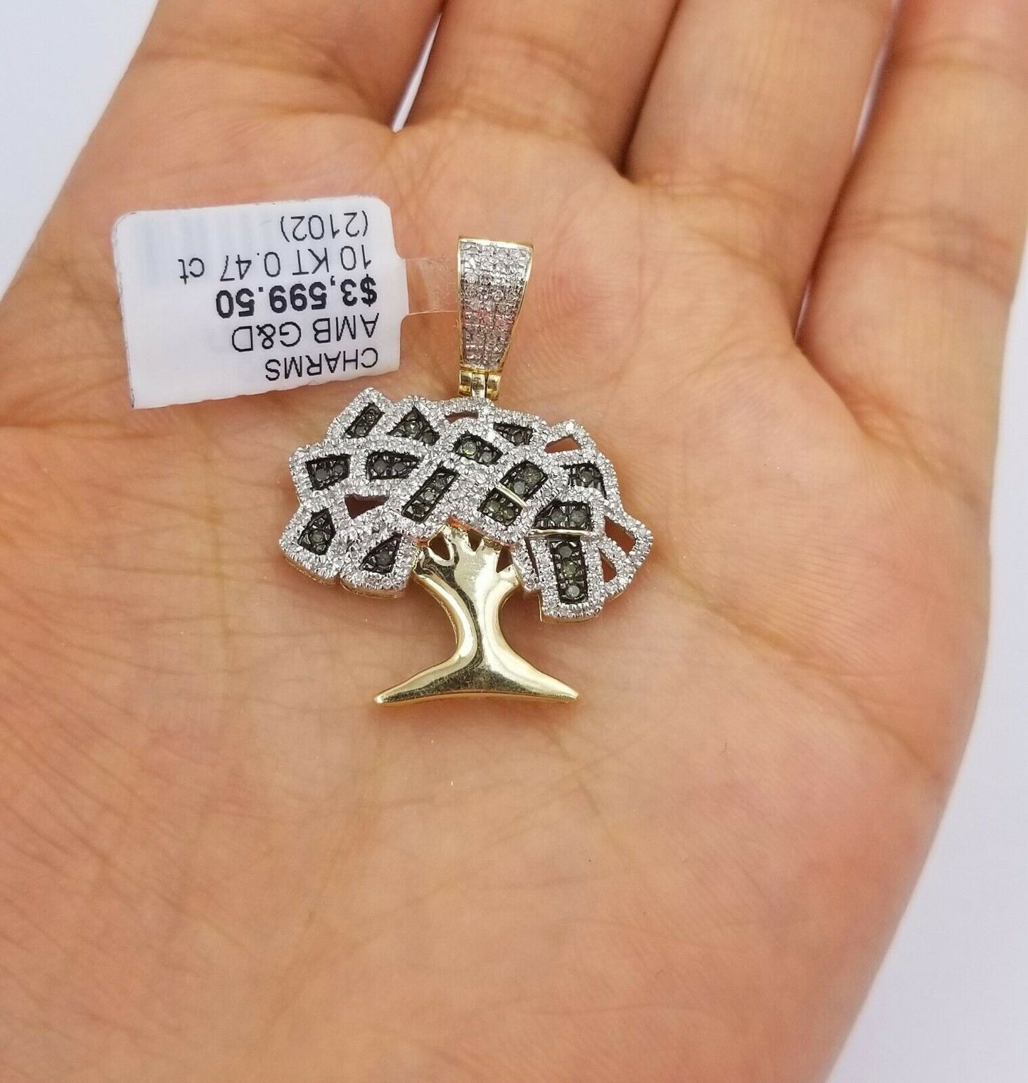 10K Gold Diamond Money Tree Charm Pendant Cash Tree Men Women