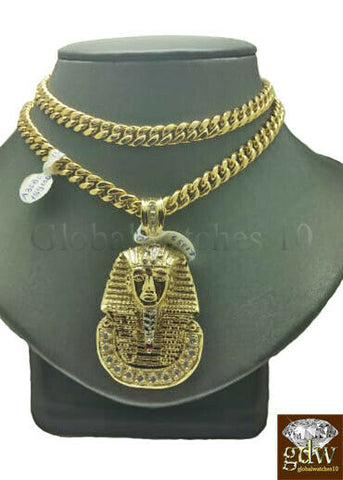 Real 10k Gold Egyptian Pharaoh Charm Chain 24 Inch Miami Cuban Necklace 7mm Mens