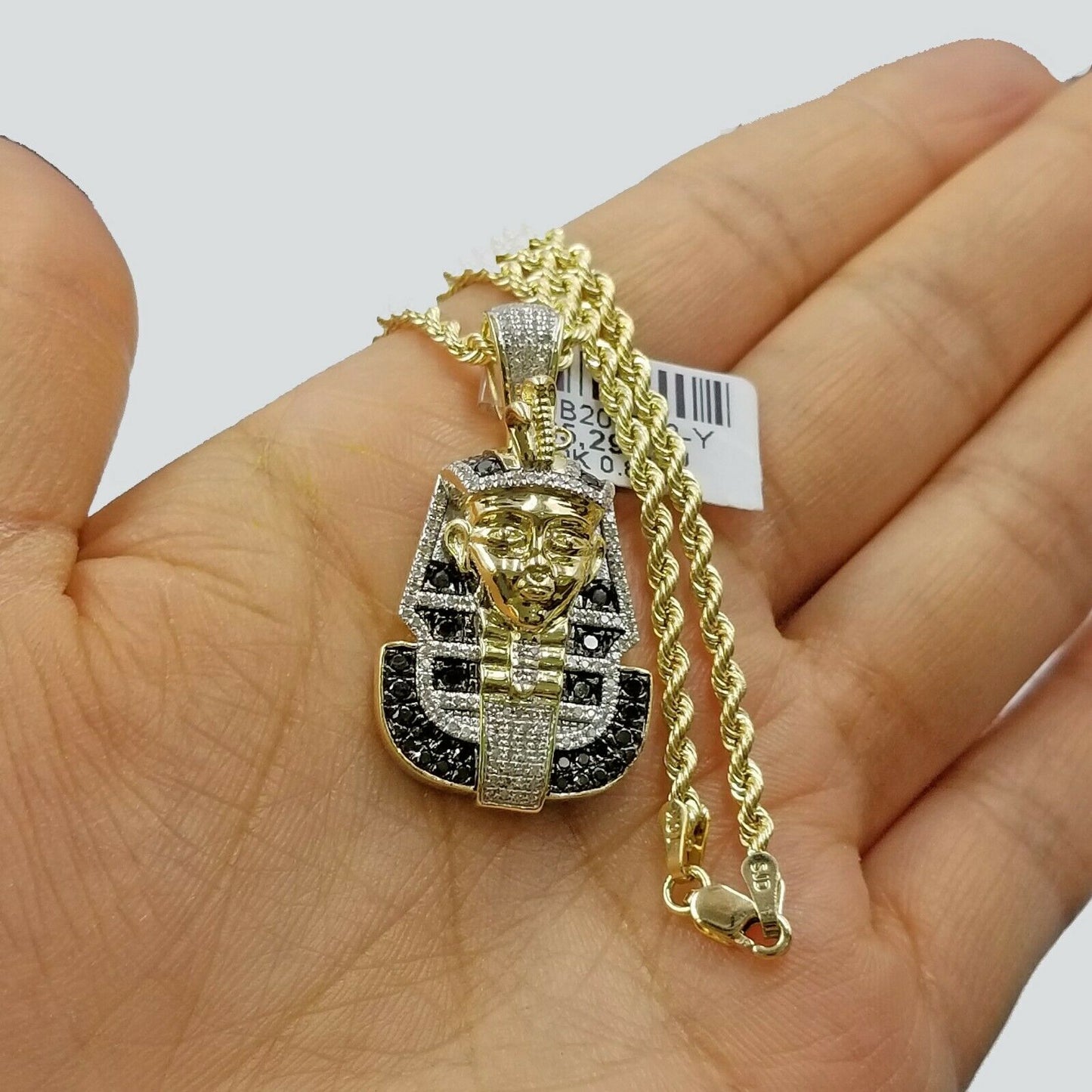 10k Yellow Gold Pharaoh Head Pendant Rope Chain 24" Black White Diamond 0.81CT