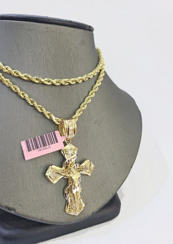 14k Yellow Gold Rope Chain & Jesus Swirl Cross Charm SET 5mm 22Inches Necklace