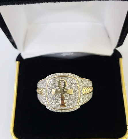 Real 10k Yellow Gold Diamond Mens Ring Ankh Cross Band Wedding Genuine Natural