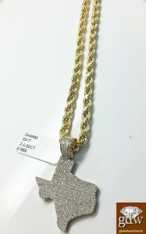 Real 10k Yellow Gold & Diamond Texas Charm/Pendant Including 24 Inch Rope Chain.