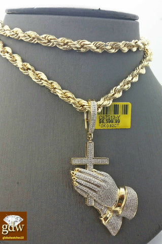 Real 10k Yellow Gold & Diamond Guardian Praying Hand with 26 Inches Rope Chain.