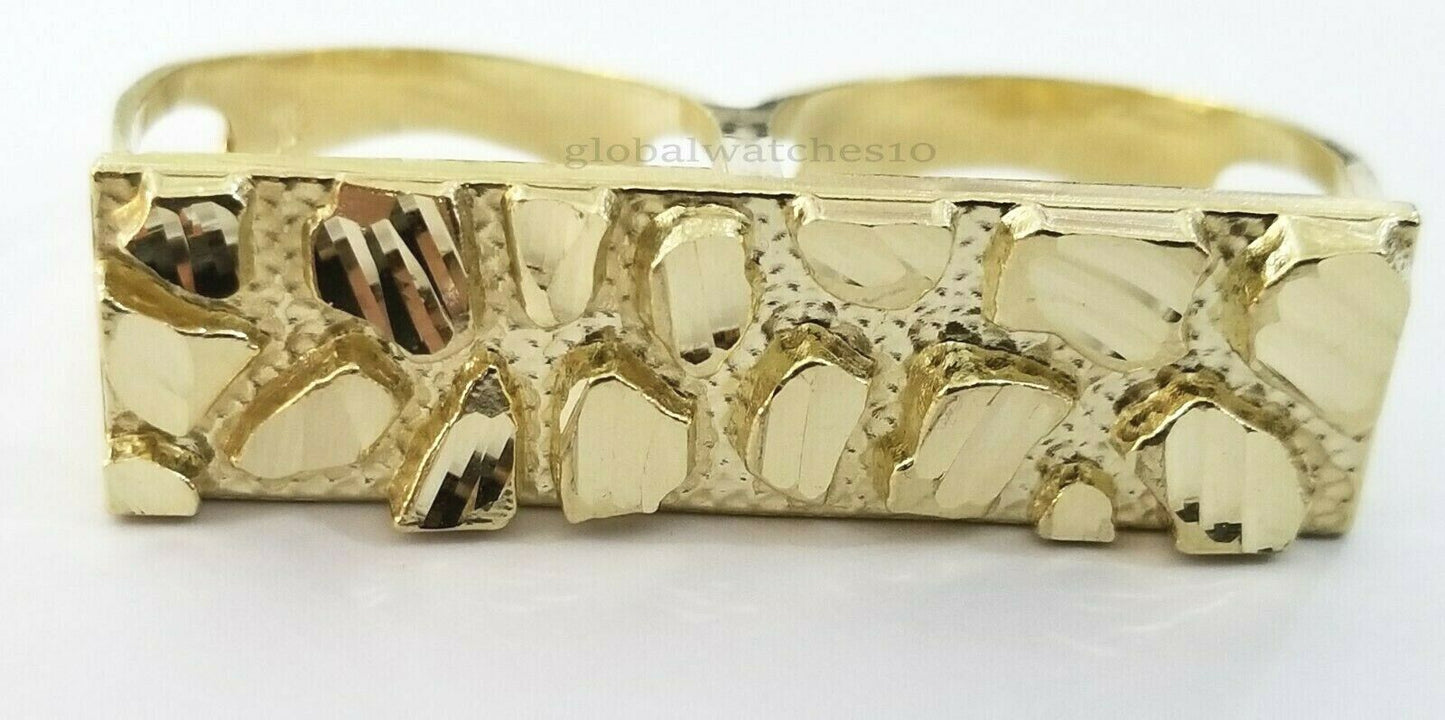 10k Yellow Gold Nugget Two Finger Men's Ring Diamond Cut Design Double Finger