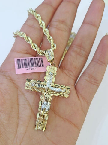 14k Yellow Gold Rope Chain & Jesus Nugget Cross Charm SET 3mm 26 Inches Necklace