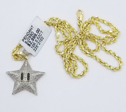 Real 10K Yellow Gold Star Emoji Diamond Charm Rope Chain 18 20 22 24 26 Inch 3mm