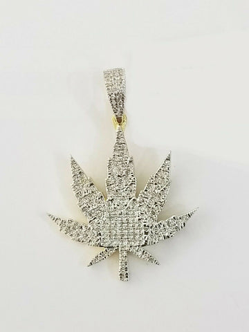10K Real Yellow Gold Marijuana Leaf Charm Pendant Genuine Diamonds High Weed