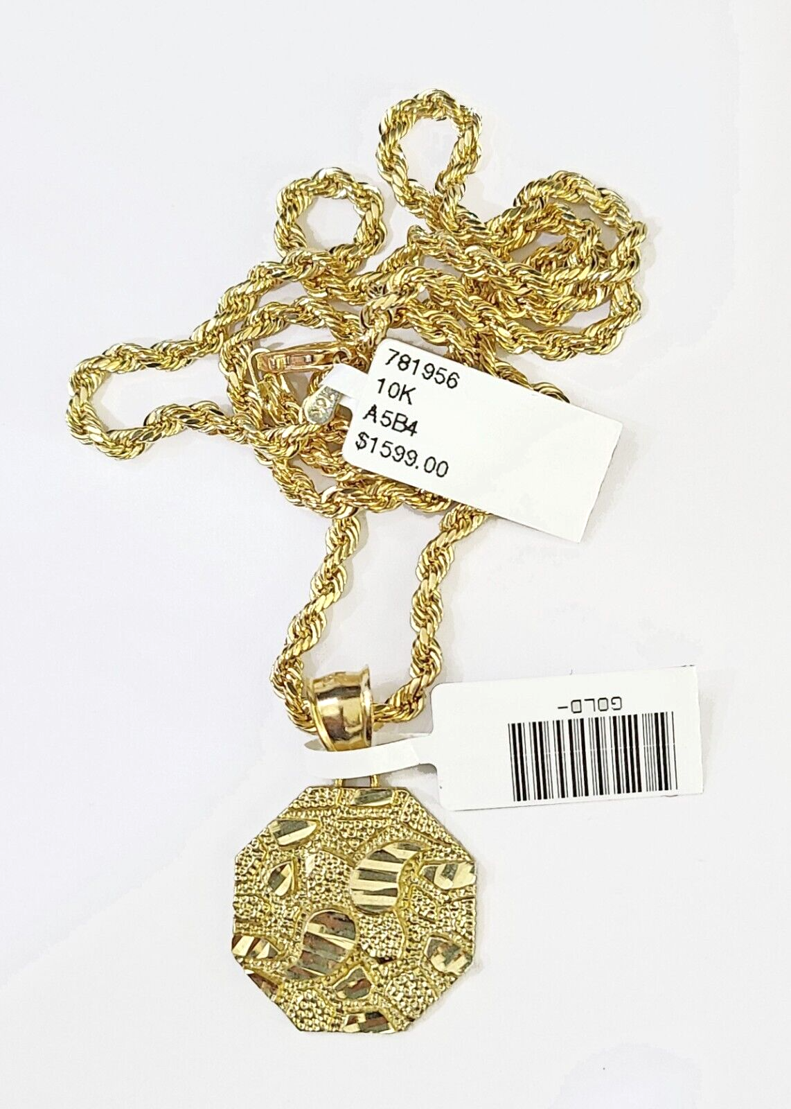 10k Gold Rope Chain & Octagonal Nugget Charm Pendent SET 3mm 22Inches Necklace