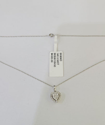 Real 14k White Gold Heart Diamond Necklace Earrings SET Chain Women
