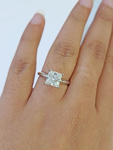 REAL 14k White Gold Square Diamond Ring Lab Created Ladies Wedding Engagement