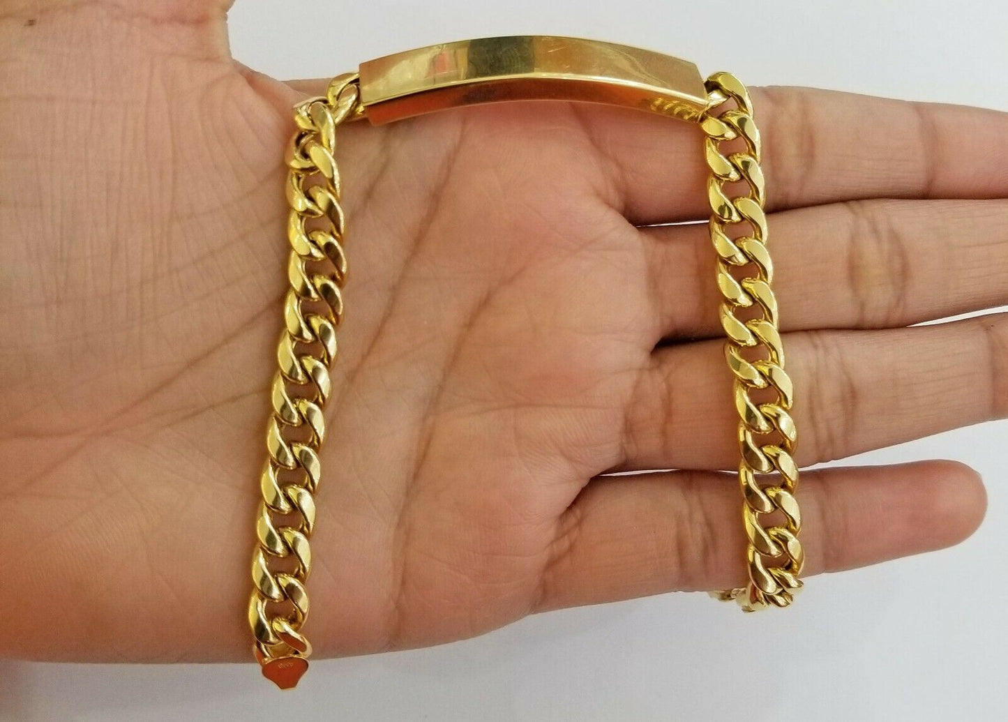 10K Yellow Gold ID Bracelet With Miami Cuban Chain 8mm 9" Long ,Hand chain 10kt