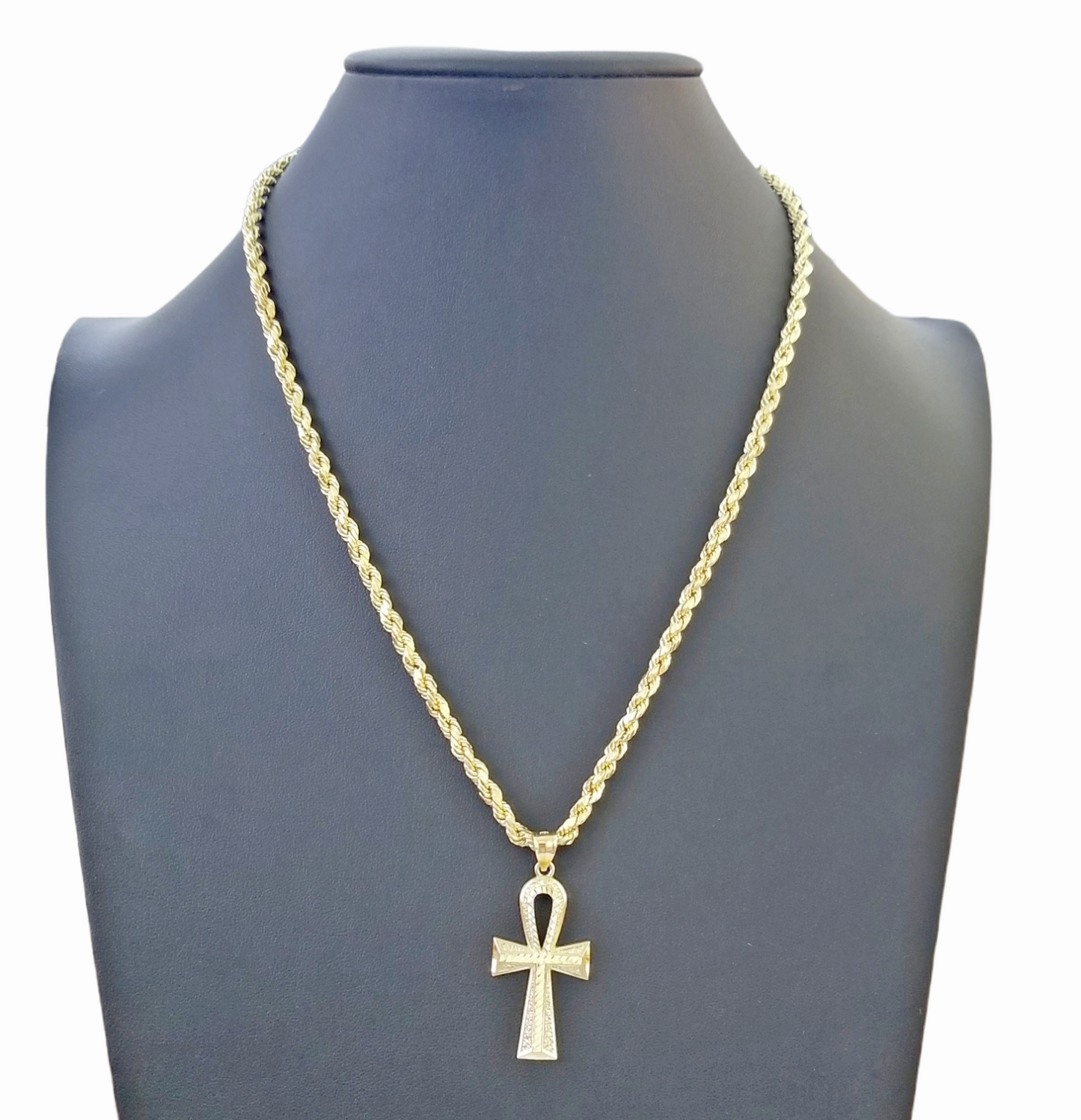 Real 10K Gold Egyptian Ankh Cross Pendent 4mm Rope Chain 18" 20" 22" 24" 26" 28"