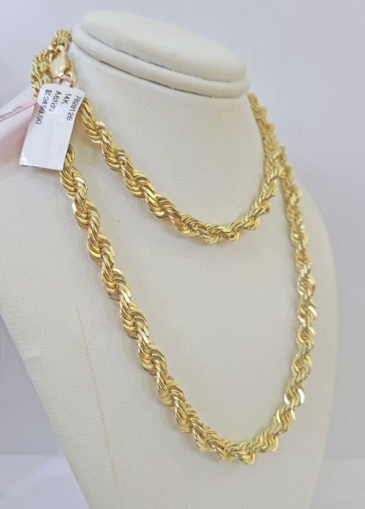 14K Solid Yellow Gold 5mm Rope Chain 24 inch Diamond cut necklace Real Genuine