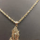 Real 10k Yellow Gold 2.5 mm 24" Rope Chain & Praying Hand Charm Pendent Cross N