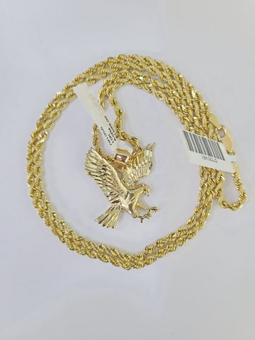 10k Gold Flying Eagle Pendant Rope Chain 3mm 26'' Necklace Set Real Genuine