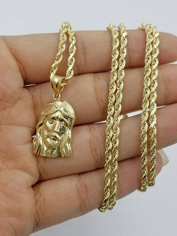 Real 10k Yellow Gold Jesus Head Charm Rope Chain 2.5mm 18" 20" 22" 24' 26" 28"