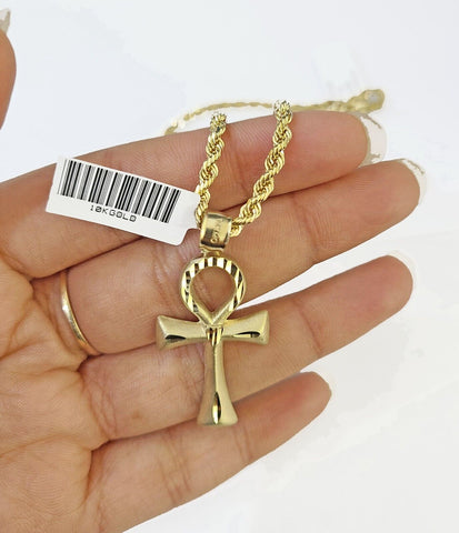 10k Gold Rope Chain & Ankh Cross Charm Pendent SET 3mm 26Inches Necklace