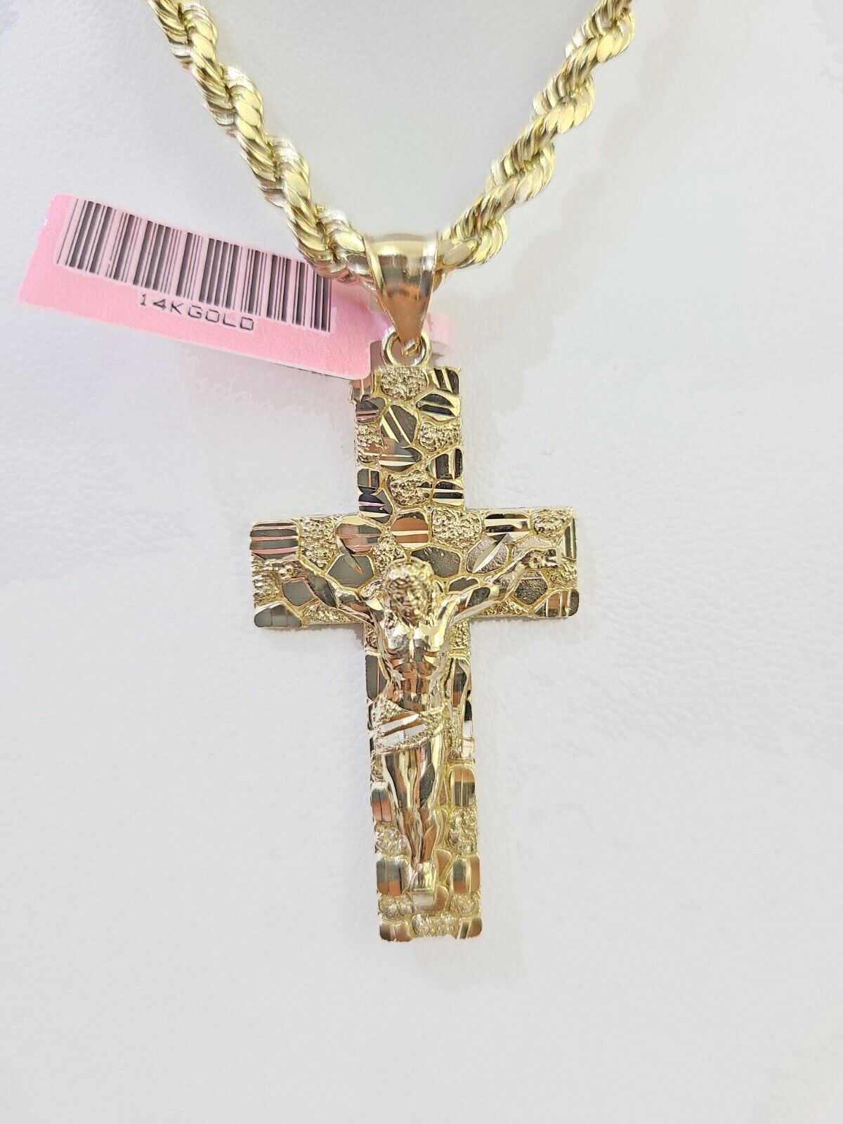14K Yellow Gold Rope Chain Cross Pendant Charm Set 4mm 22 inch Necklace Real