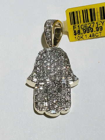 Solid 10k Yellow Gold with Real Diamonds Hamsa Hand Charm With Baguettes Diamond