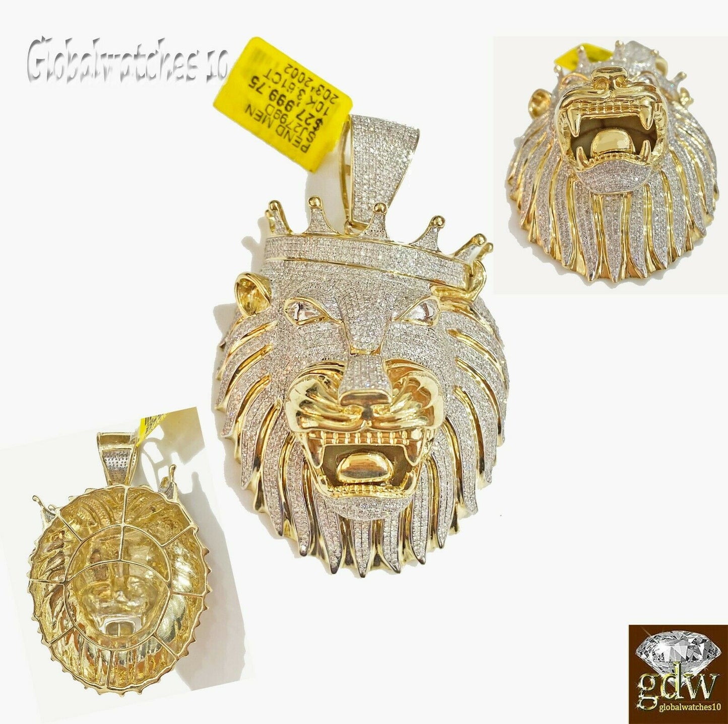 Real 10k Yellow Gold Diamond Mens Lion Head Charm Pendant with Genuine Diamonds.