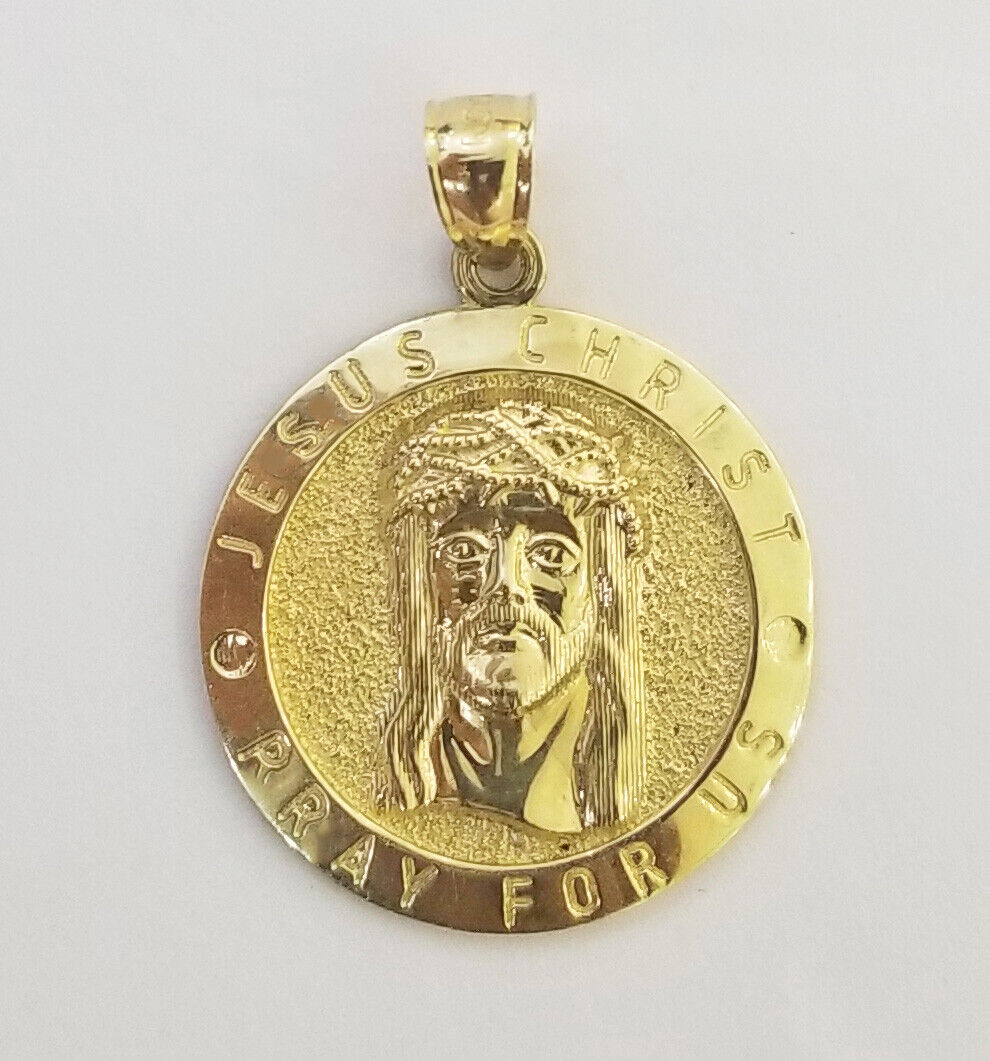 Real 10k Gold Jesus Pendant Miami Cuban link Chain 4mm 26" Set Round