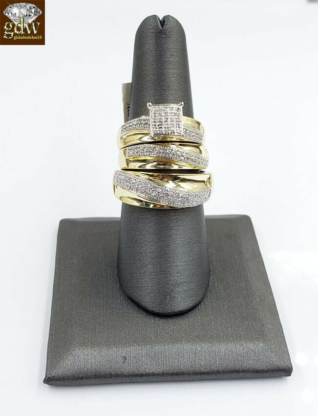 Solid 10k Yellow Gold Diamonds His Hers Men Women Wedding Ring Band Trio - Set