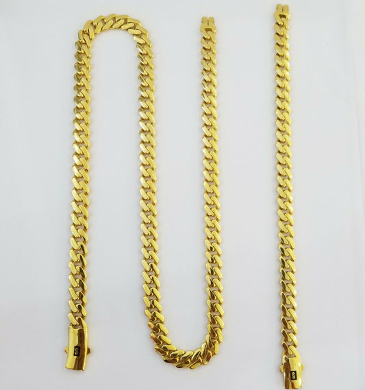 Real 10k Gold Miami Cuban Link Royal 8mm Monaco chain and Bracelet Set ,Necklace