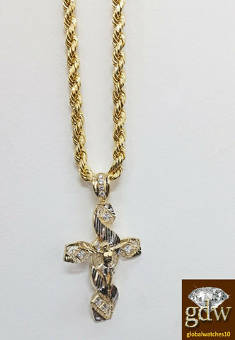 Real 10k Yellow Gold Men's Jesus Cross Charm/Pendant with 28 Inches Rope Chain.