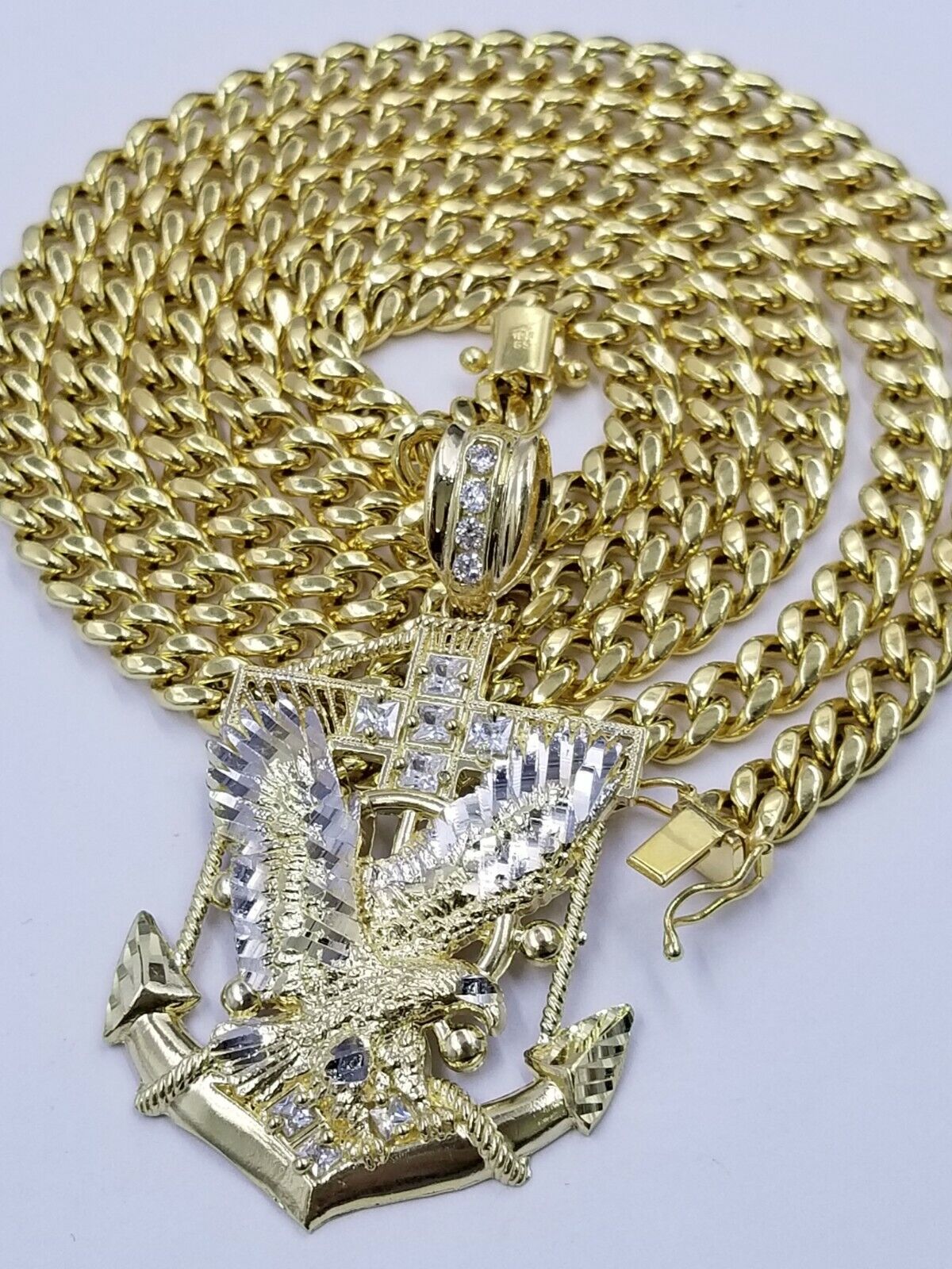 Real 10k Yellow Gold Miami Cuban Chain 24" American Eagle Anchor Charm Pendant