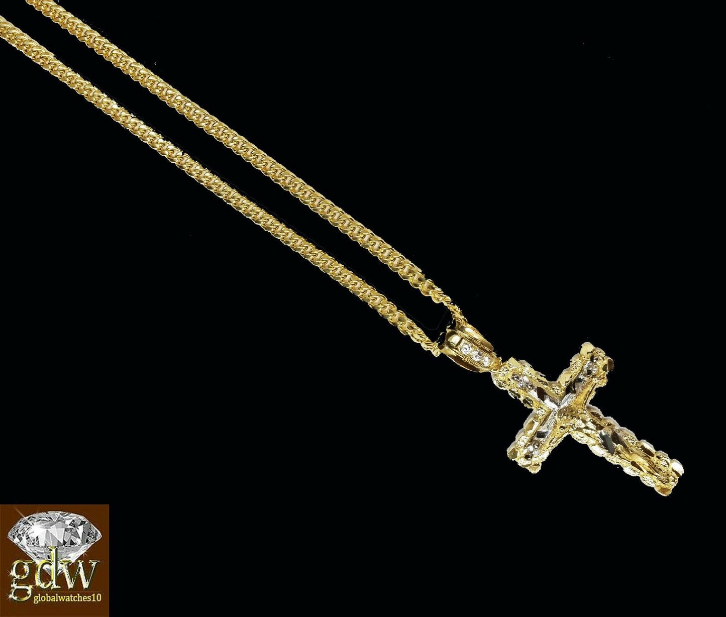 Real 10k Yellow Gold Cross Jesus Charm Pendant Miami Cuban 24" Necklace