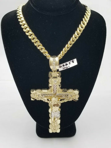 Real 10k Yellow Gold Men Jesus Cross Charm with Miami Cuban Chain in Diamond Cut