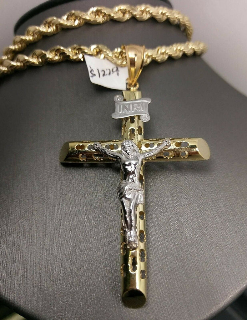 New 10K Yellow White Gold Hollow Jesus Crucifix 3.3" Long 9.7 Gram Cross Pendant