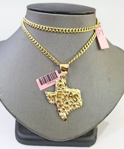 14k Gold Cuban Link Chain 20" Necklace Texas Map Charm Pendant Real 14KT SET