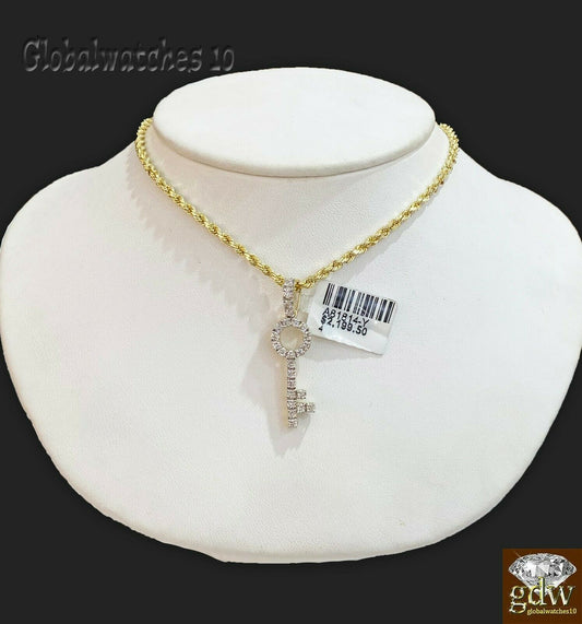 10k Gold Diamond Key Charm Pendant with Rope Chain in 20 22 24 26 inch,Real Gold